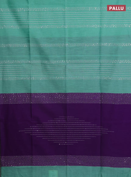 Semi dupion saree teal green and violet with allover thread & sequin weaves and sequin work pallu