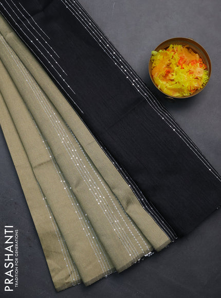 Semi dupion saree sandal and black with allover thread & sequin weaves and sequin work pallu