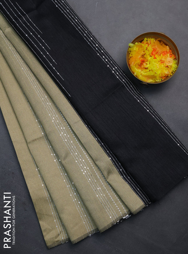 Semi dupion saree sandal and black with allover thread & sequin weaves and sequin work pallu