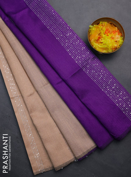 Semi dupion saree peach shade and violet with allover thread & sequin weaves and sequin work pallu