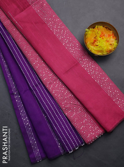 Semi dupion saree violet and pink with allover thread & sequin weaves and sequin work pallu