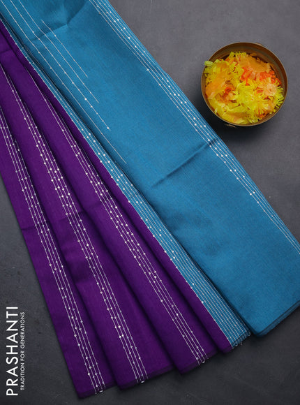 Semi dupion saree violet and teal blue with allover thread & sequin weaves and sequin work pallu