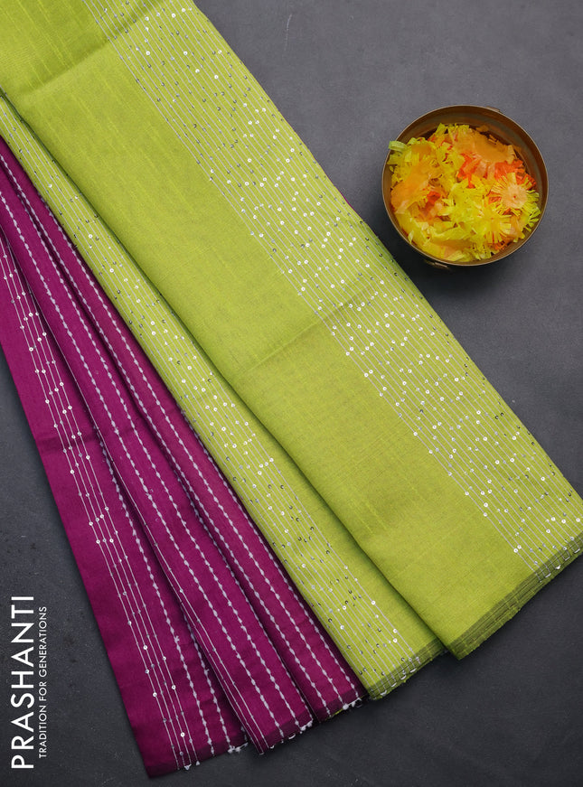 Semi dupion saree purple and fluorescent green with allover thread & sequin weaves and sequin work pallu