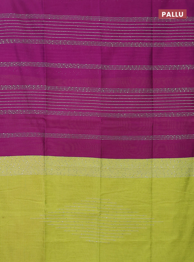Semi dupion saree purple and fluorescent green with allover thread & sequin weaves and sequin work pallu