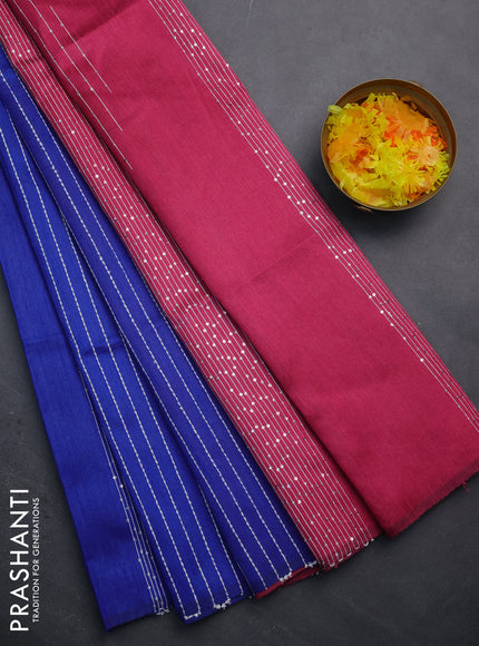 Semi dupion saree blue and magenta pink with allover thread & sequin weaves and sequin work pallu