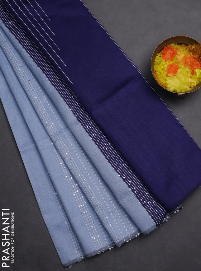 Semi dupion saree grey and blue with allover thread & sequin weaves and sequin work pallu
