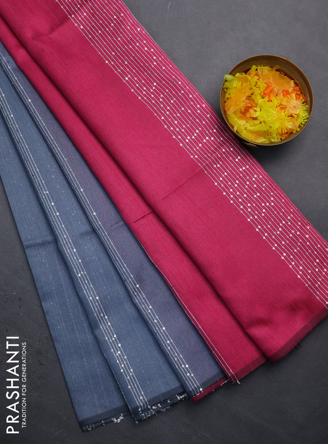 Semi dupion saree grey and pink with allover thread & sequin weaves and sequin work pallu