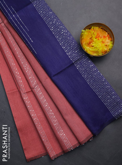 Semi dupion saree peach shade and navy blue with allover thread & sequin weaves and sequin work pallu