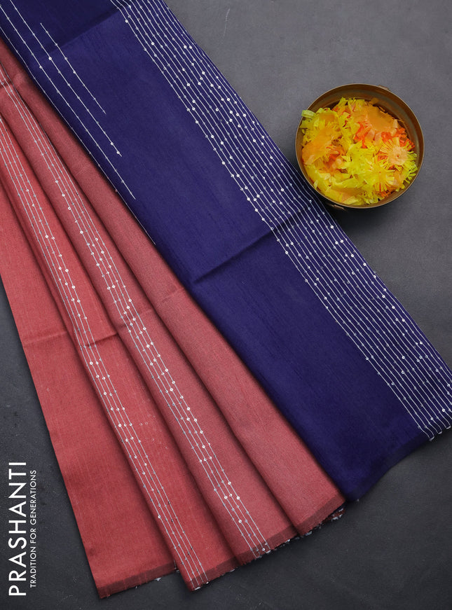 Semi dupion saree peach shade and navy blue with allover thread & sequin weaves and sequin work pallu