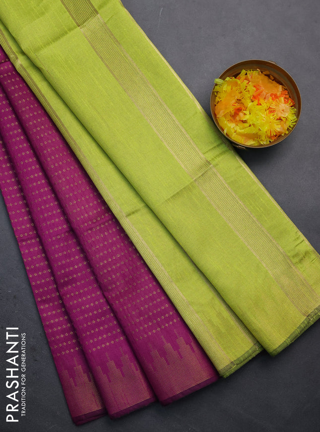Semi dupion saree purple and lime green with allover zari woven butta weaves and temple design zari woven border