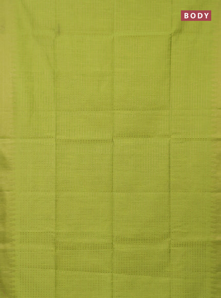 Semi dupion saree fluorescent green and purple with allover zari woven butta weaves and temple design zari woven border