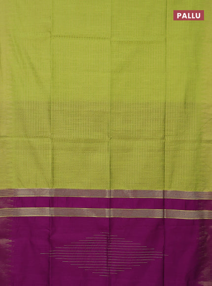 Semi dupion saree fluorescent green and purple with allover zari woven butta weaves and temple design zari woven border