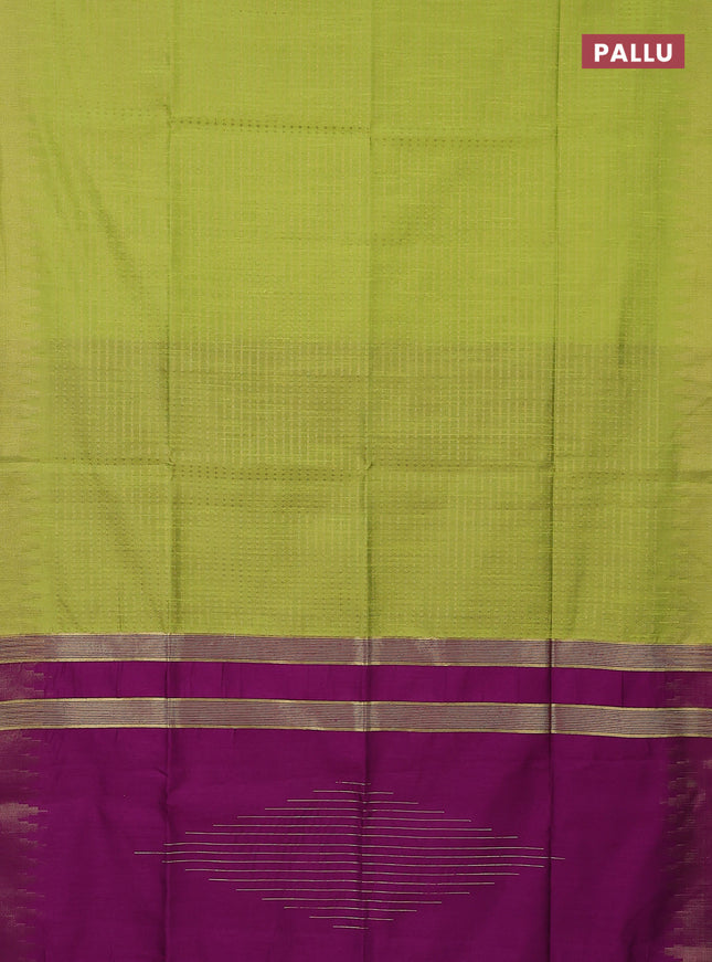 Semi dupion saree fluorescent green and purple with allover zari woven butta weaves and temple design zari woven border