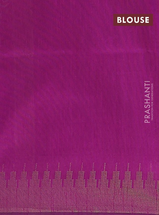 Semi dupion saree fluorescent green and purple with allover zari woven butta weaves and temple design zari woven border