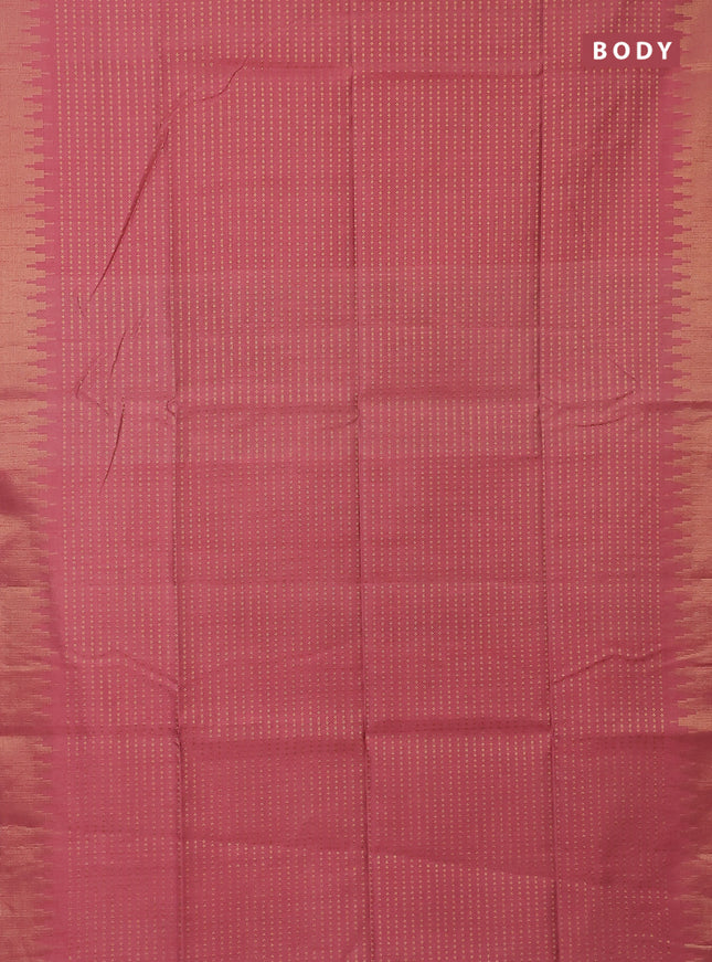 Semi dupion saree peach shade and black with allover zari woven butta weaves and temple design zari woven border