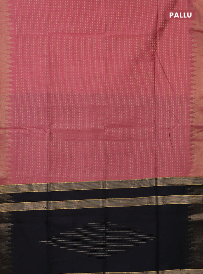 Semi dupion saree peach shade and black with allover zari woven butta weaves and temple design zari woven border
