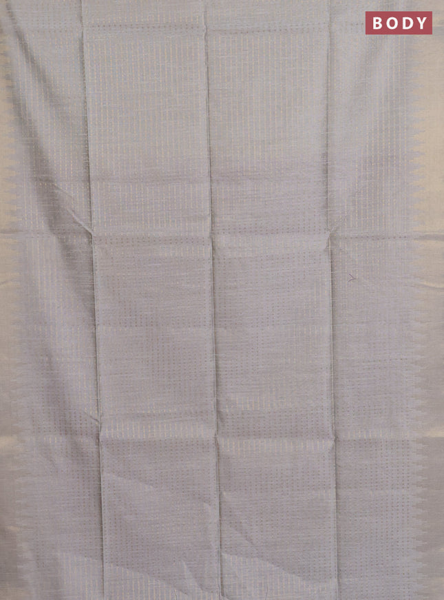 Semi dupion saree pastel grey and violet with allover zari woven butta weaves and temple design zari woven border