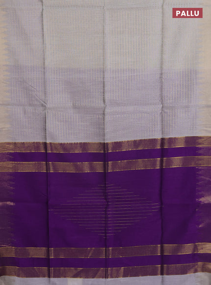 Semi dupion saree pastel grey and violet with allover zari woven butta weaves and temple design zari woven border