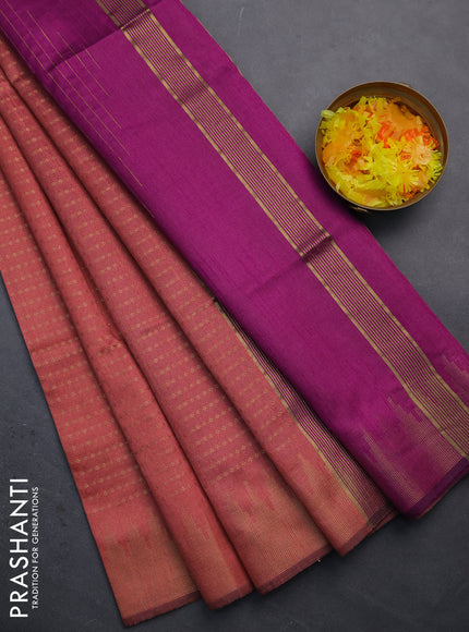 Semi dupion saree peach pink and purple with allover zari woven butta weaves and temple design zari woven border