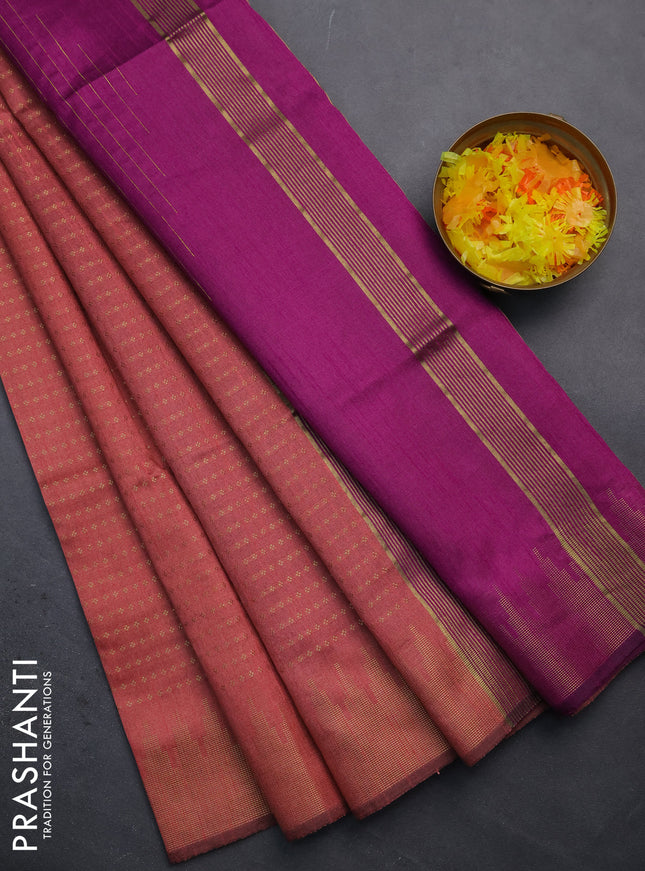 Semi dupion saree peach pink and purple with allover zari woven butta weaves and temple design zari woven border