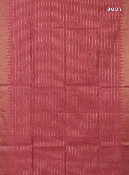 Semi dupion saree peach pink and purple with allover zari woven butta weaves and temple design zari woven border