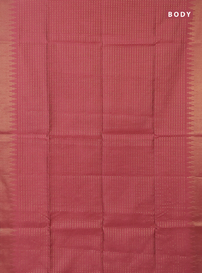Semi dupion saree peach pink and purple with allover zari woven butta weaves and temple design zari woven border