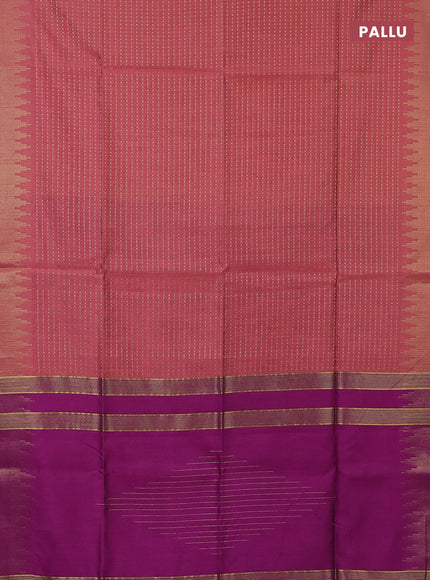 Semi dupion saree peach pink and purple with allover zari woven butta weaves and temple design zari woven border