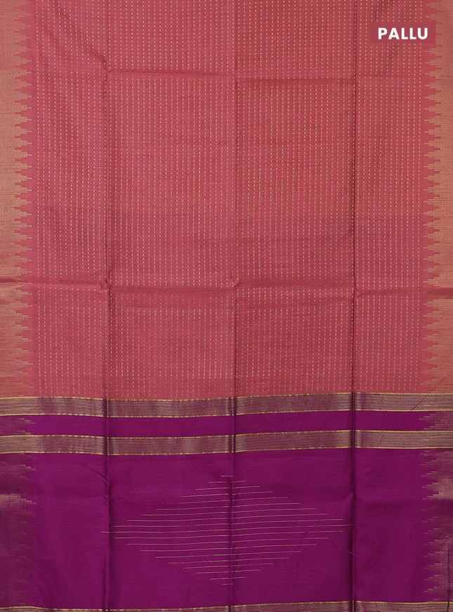 Semi dupion saree peach pink and purple with allover zari woven butta weaves and temple design zari woven border