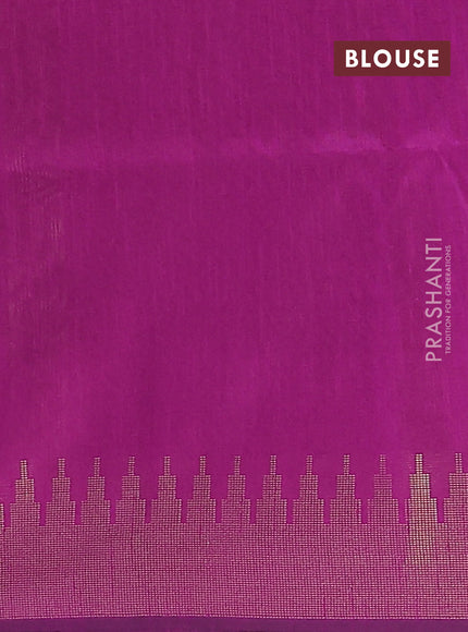Semi dupion saree peach pink and purple with allover zari woven butta weaves and temple design zari woven border