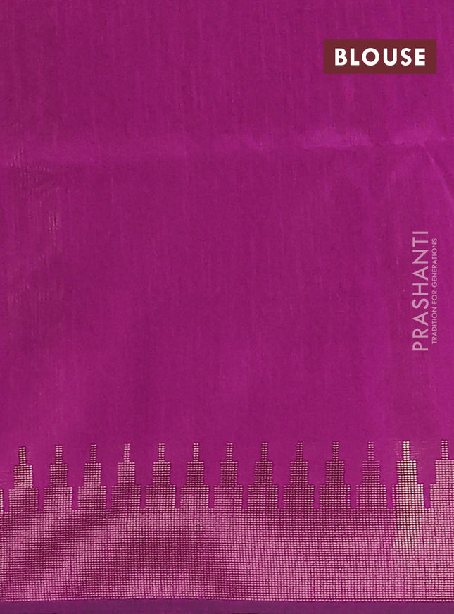 Semi dupion saree peach pink and purple with allover zari woven butta weaves and temple design zari woven border