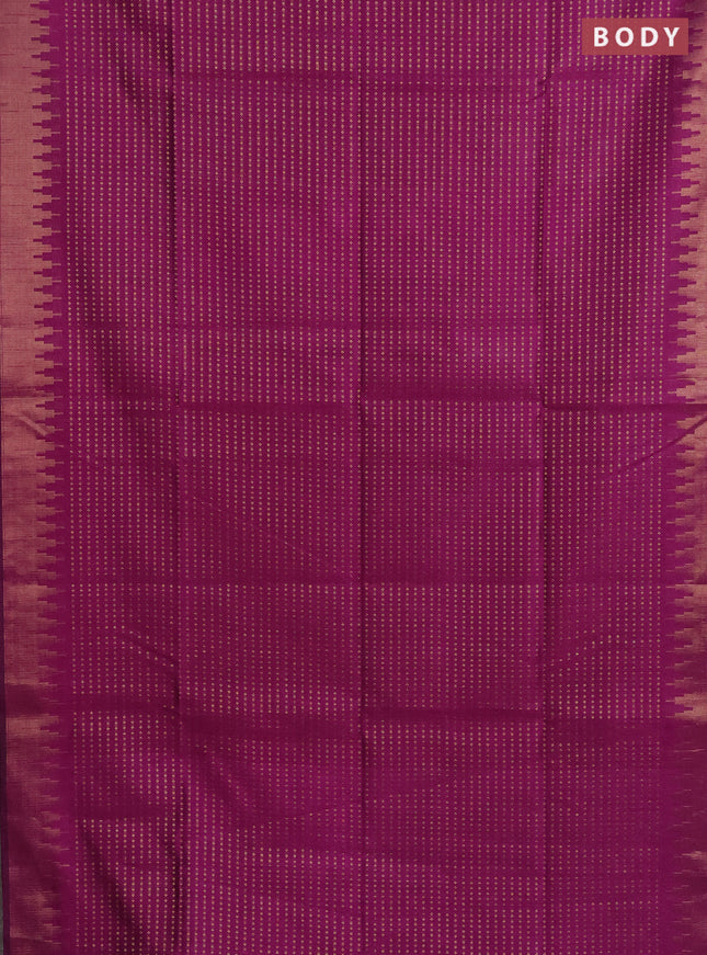 Semi dupion saree purple and lime green with allover zari woven butta weaves and temple design zari woven border