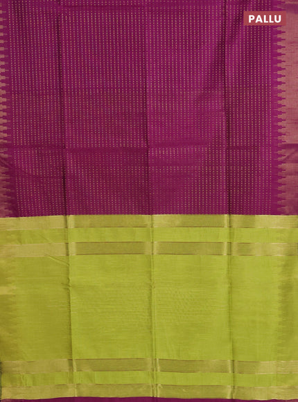 Semi dupion saree purple and lime green with allover zari woven butta weaves and temple design zari woven border
