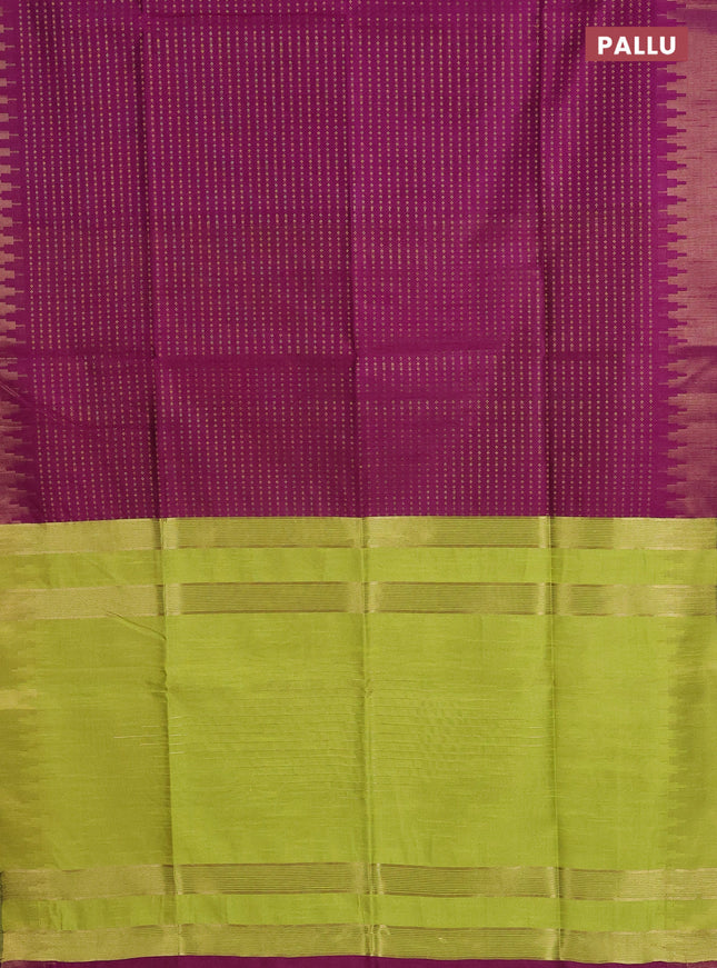 Semi dupion saree purple and lime green with allover zari woven butta weaves and temple design zari woven border