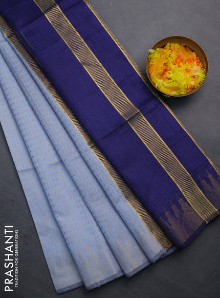 Semi dupion saree pastel blue and navy blue with allover zari woven butta weaves and temple design zari woven border