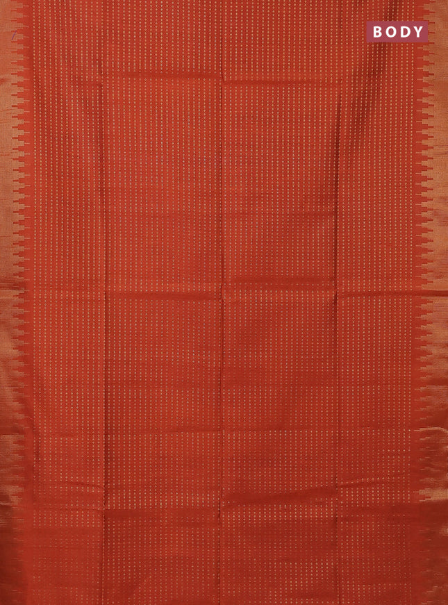 Semi dupion saree orange and purple with allover zari woven butta weaves and temple design zari woven border