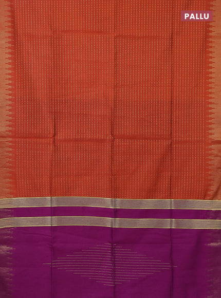 Semi dupion saree orange and purple with allover zari woven butta weaves and temple design zari woven border