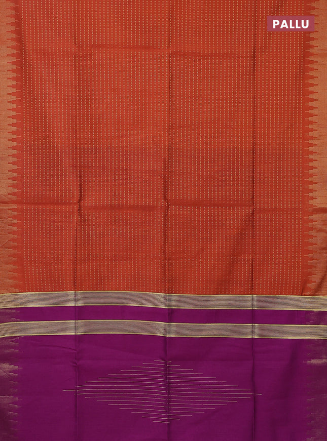 Semi dupion saree orange and purple with allover zari woven butta weaves and temple design zari woven border
