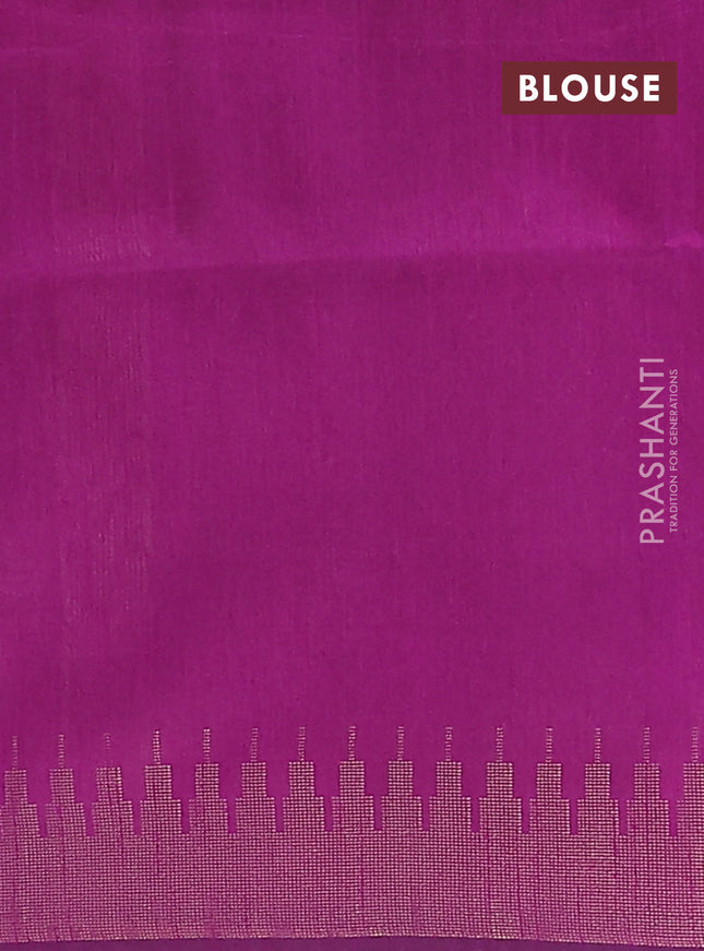 Semi dupion saree orange and purple with allover zari woven butta weaves and temple design zari woven border