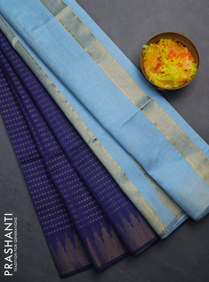Semi dupion saree dark blue and pastel blue with allover zari woven butta weaves and temple design zari woven border