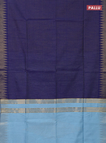 Semi dupion saree dark blue and pastel blue with allover zari woven butta weaves and temple design zari woven border