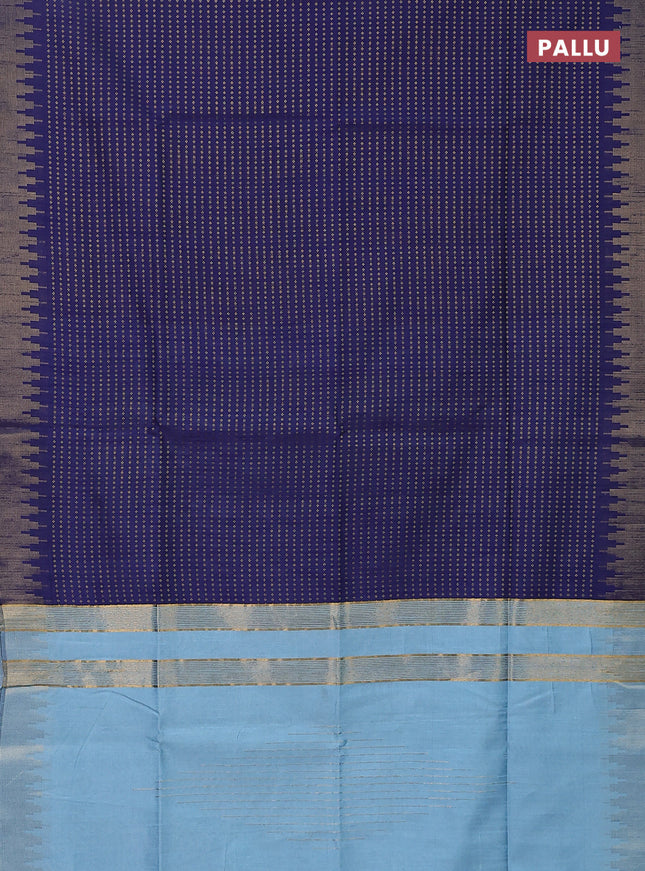 Semi dupion saree dark blue and pastel blue with allover zari woven butta weaves and temple design zari woven border