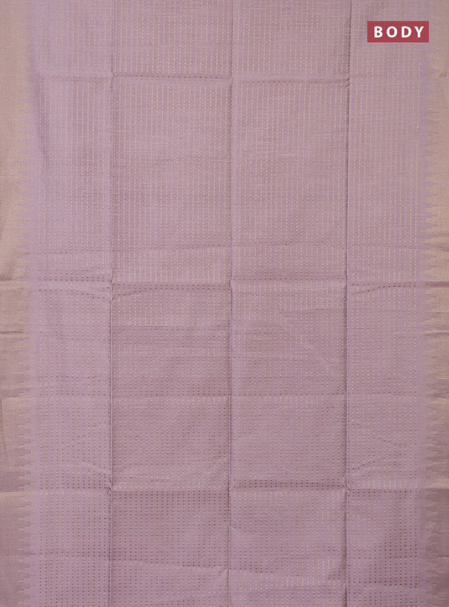 Semi dupion saree pastel pink and purple with allover zari woven butta weaves and temple design zari woven border