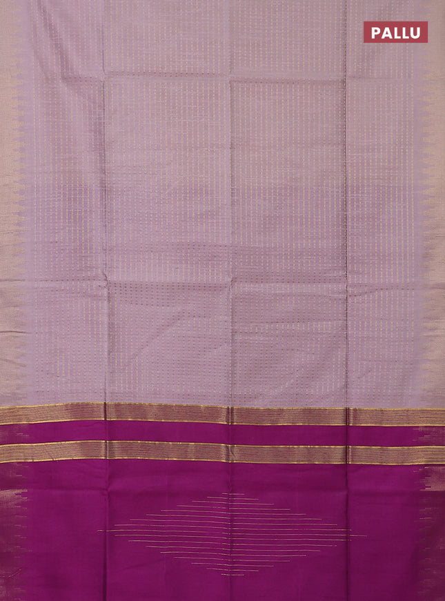 Semi dupion saree pastel pink and purple with allover zari woven butta weaves and temple design zari woven border