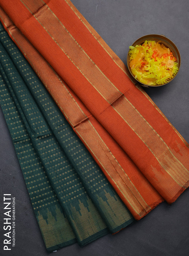 Semi dupion saree green and orange with allover zari woven butta weaves and temple design zari woven border