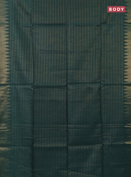 Semi dupion saree green and orange with allover zari woven butta weaves and temple design zari woven border