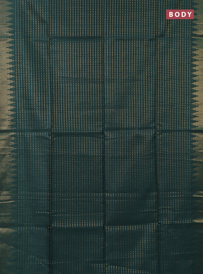 Semi dupion saree green and orange with allover zari woven butta weaves and temple design zari woven border