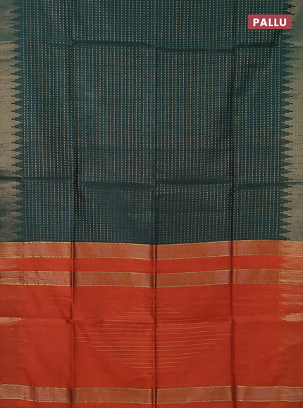 Semi dupion saree green and orange with allover zari woven butta weaves and temple design zari woven border