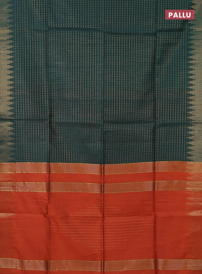 Semi dupion saree green and orange with allover zari woven butta weaves and temple design zari woven border