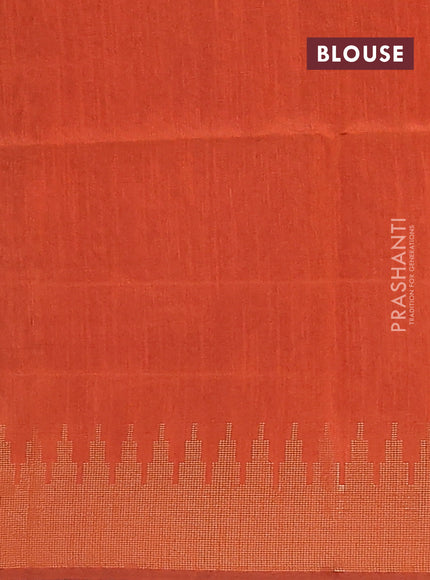 Semi dupion saree green and orange with allover zari woven butta weaves and temple design zari woven border