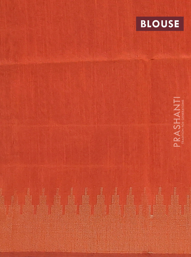 Semi dupion saree green and orange with allover zari woven butta weaves and temple design zari woven border